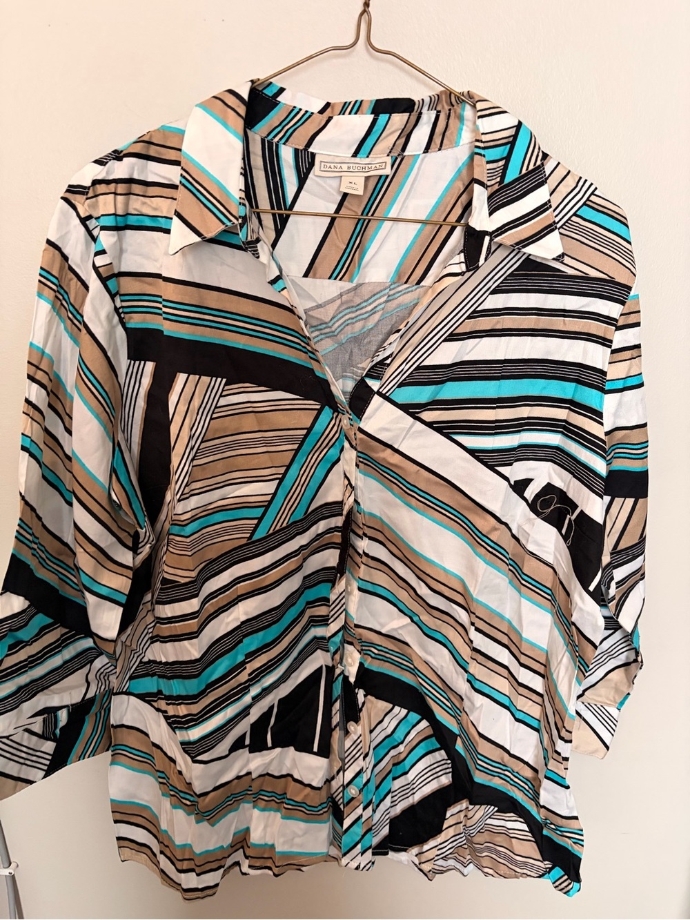 VINTAGE - Dana Buchman Striped Button-Front Blouse in Teal, Black & Tan